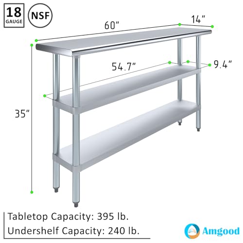 Image of AmGood Stainless Steel Work Table with 2 Shelves | NSF | Metal Utility Table (60 inch Long x 14 inch Deep)