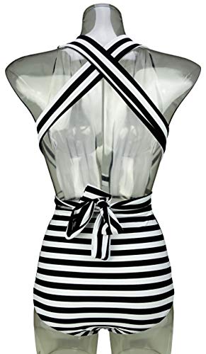 Cocoship Black & White Striped Fashion One Piece V-Neck Swimsuit Bather High Waisted Criss Cross Swimwear Monokini M(Us6) #TOP2