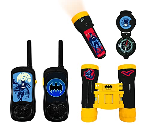 LEXIBOOK Batman – Set de Aventurero Completo para niños, Walkie-Talkies, Binoculares, Linterna, Brújula, Azul/Amarillo, RPTW11BAT