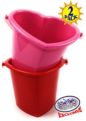 Matty's Toy Stop Beach Gear 6" Plastic Heart Shape Sand Buckets (Pails) Red & Pink Party Set Bundle - 2 Pack