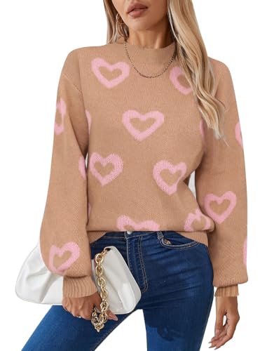 Image of Women's Long Sleeve Mock Neck Sweaters Loose Cute Heart Pullover Sweater