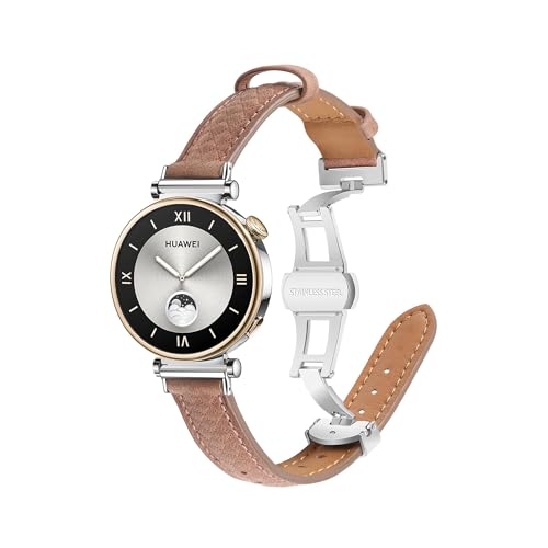 VeveXiao Leather Strap Compatible with Huawei Watch GT 4 41mm band, 18mm Soft Leather Metal Butterfly Buckle Band Replacement Wristband for Women Men (Dark brown)