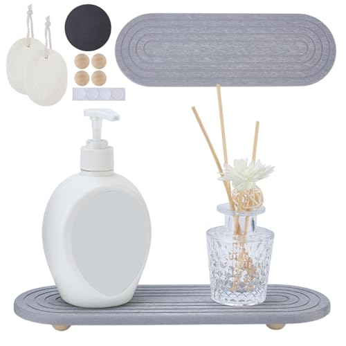2 Piezas Bandejas Absorbentes de Agua, 11.85x4.76 Bandeja Secadora Instantánea con Pies de Madera y Lufa Natural, Organizador de Fregadero de Tierra de Diatomeas para Cocina y Baño miniatura 1