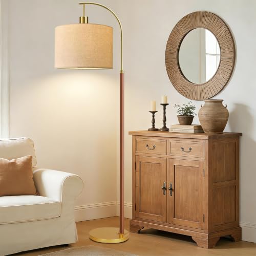 Image of Wood Floor Lamps for Living Room Arc Floor Lamp with Remote Control,Dimmable Farmhouse Floor Lamp Mid Century Modern Standing Lamp with 3 Color Temperature Tall Vintage Floor Lamp For Bedroom Corner