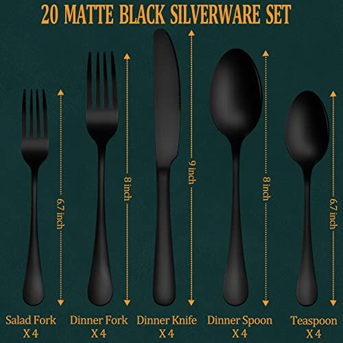 image for WISKEMA 20 Piece Matte Black Silverware Set Service for 4,Stainless St