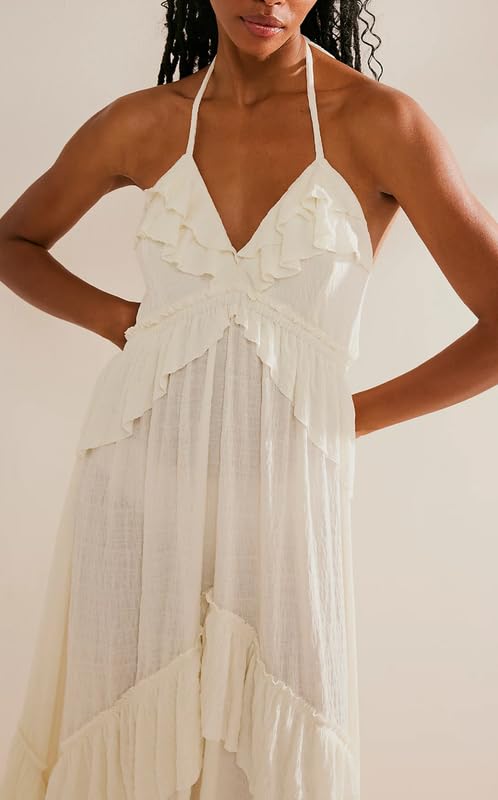 NUFIWI Sexy V Neck Backless Asymmetrical Ruffle Maxi Dress Halter Neck Sleeveless Long Dress Cutout Flowy Tiered Sundresses2