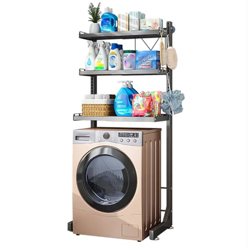 HJYBFA Estante de Metal de 3 Capas para Lavadora con Barra para Colgar, Ancho Ajustable de 36 a 65 cm, Estante de Almacenamiento Multifuncional para baño sobre Inodoro o Lavadora.