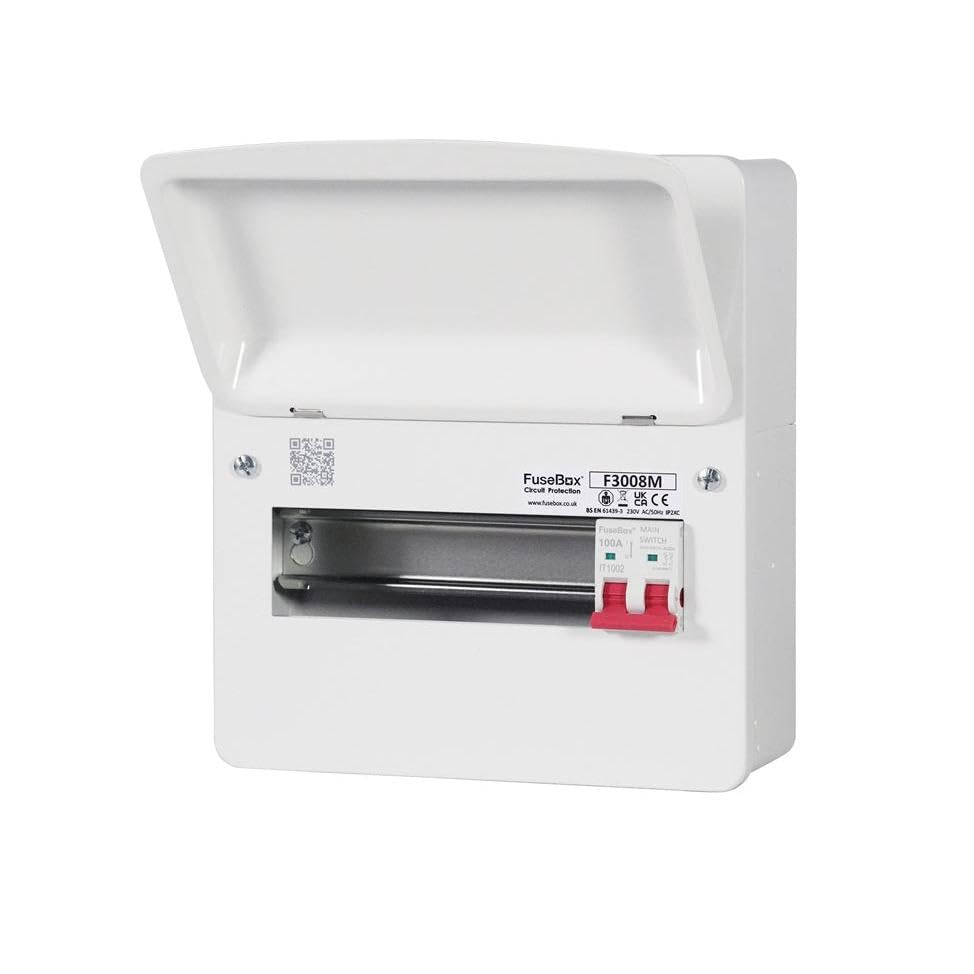 F3008M FuseBox 8-Way Main Switch RCBO Consumer Unit, White, Self-Closing Lid, AMD3 Compliant