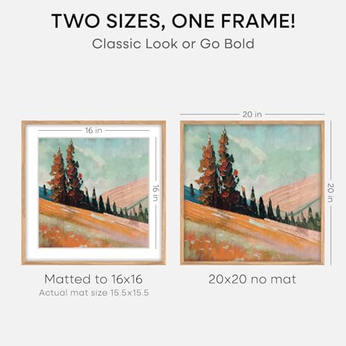 Image of Homeforia 20x20 Wood Picture Frame, High End Natural Oak 20 x 20 Square Light Wooden Frames with Mat 16 by 16 inch Photo, 20by20 Poster Frames Matted to 16x16 Print, Tempered Glass, Wall Kit, Set of 1