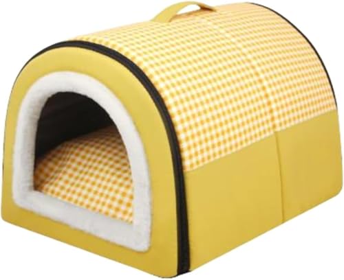Zetify ペットベッド ドーム型 ペットハウス 犬猫用 室内用 冬用 ふわふわ 洗える クッション付き 屋根付き 猫ハウス 犬 ハウス ペットベッド 犬用ベッド 犬小屋 オールシーズン ペット用品 北極ベルベット 滑り止め 折りたたみ式 (イエロー,X