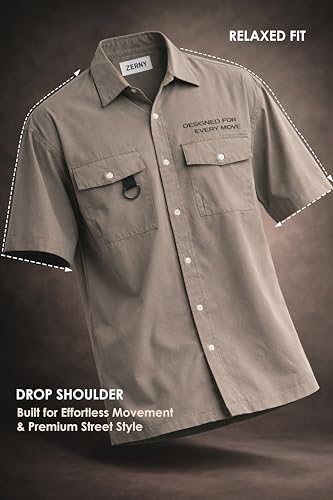 Image of ZERNY Men's Premium Utility Pocket Casual Shirt | Wrinkle Less Mechanical Stretch Fabric | Half Sleeve Relaxed Fit Button Down Shirt Polyester Blend