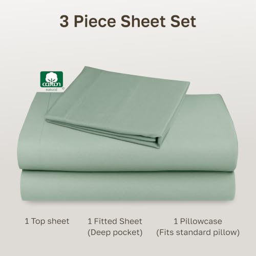 Image of California Design Den 12 inch Pocket Sheets Twin Size Bed Set - Natural 100% Cotton Bed Sheets, Soft Sateen Weave, All Around Elastic, Breathable and Durable Bedding - Frosty Green