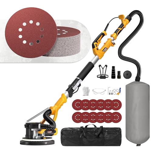 GEVEELIFE Drywall Sander Bundle, 880W Popcorn Ceiling Removal Tool with Vacuum Dust Collector, LED Light, Foldable & Extendable Handle + 60PCS 9-Inch 10-Hole Hook & Loop Sanding Discs (40-240 Grit)