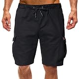 Tomwell Short Cargo Homme Chino Short Sport Couleur Pure Décontractée Personnalité en Vrac Multi-Poche Les Pantalons de Survêtement Cordon de Serrage Shorts Longueur Genou B Noir XL