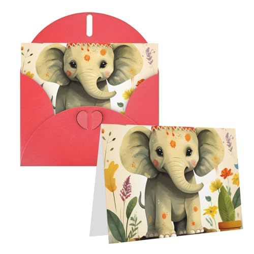 GDSHJKLW 漫画象 植物 絵画 空白のグリーティングカード 封筒付き 4インチ x 6インチ サンキューカード ノートカード あらゆる機会カード レッド クリスマス ホリデー 誕生日 卒業 記念日用