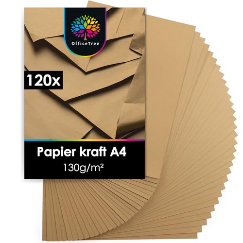 OfficeTree Lot de 120 feuilles de papier kraft marron A4-130 g/m² pour travaux manuels et imprimantes – Carte kraft pour emballage cadeau, bricolage,...