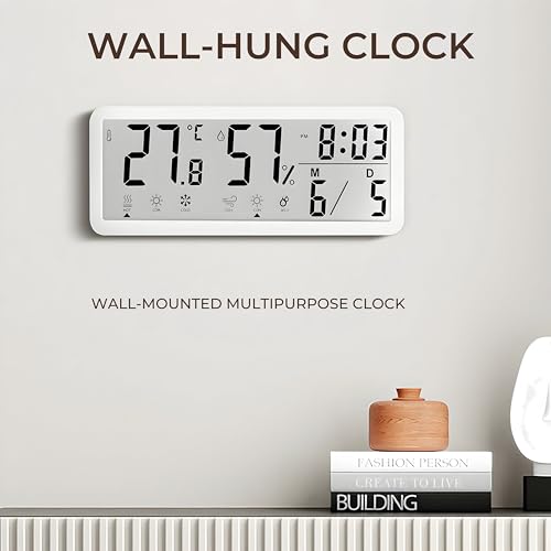 Image of Dewire Multifunctional Temperature & Humidity Hygrometerwith Digital Clock - Large Display with Hot /Cold /Wet /Dry Indicators, 12 /24H Time, Date, Wall /Table Mount - White