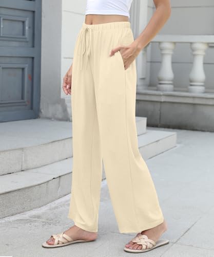 Women High Waist Casual Pants Elastic Wide Leg Summer Beach Palazzo Trousers with Pockets Lightweight Comfy(Beige Yellow, Large)3