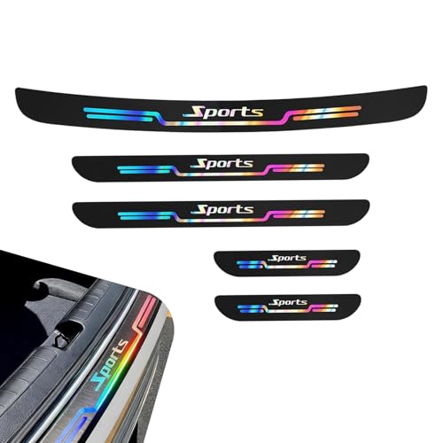 Foelony 5 PCS Laser Sport Style Car Door Sill Protector, Anti-Scratch Waterproof Threshold Scuff Plate, Front Rear Door & Trunk Sill Complete Protection Kit, Universal for Car SUV Truck (Black)