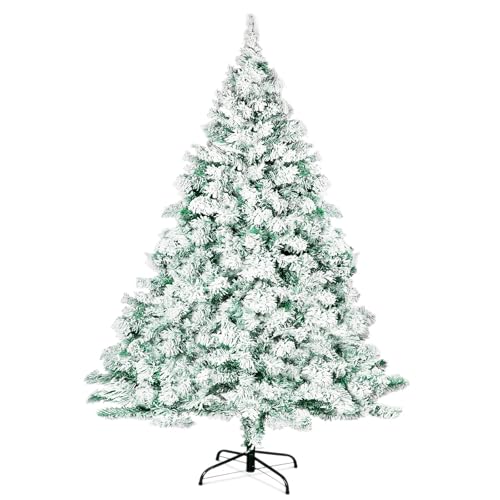 Max4out 7 FT Christmas Tree Snow Flocked Artificial, Full Xmas Tree with 1000 Automatically Expanding Branch Tips, Foldable Metal Stand and Hinged Branches, Holiday Decoration for Home, Party, Green