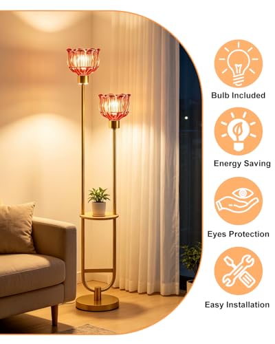 Image of Lightdot 2-Lights Modern Glass Floor Lamp with Table Gold Standing Tall Lamps with Pomegranate Red Glass Shade, Flower Floor Lamp with Foot Switch for Living Room Bedroom Home Decor (Bulbs Included)