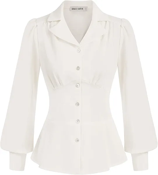 GRACE KARIN Button Down Blouse for Women White Vintage Peplum Tops Collar Shirt Long Sleeve Fall Work Office Dressy Top White XL