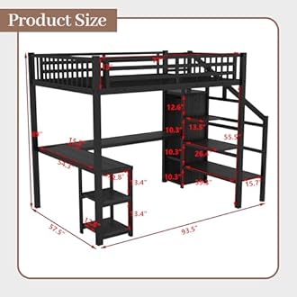 Full Size Loft Bed with Desk and Stairs, Gaming Loft Bed with RGB LED Light and Storage, Heavy-Duty Metal Lofts Beds Frame with Wardrobe, Shelves and Charging Station for Adults Kids Teens, Black