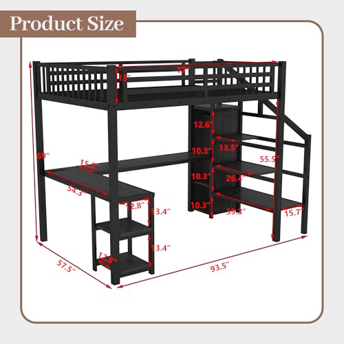Full Size Loft Bed with Desk and Stairs, Gaming Loft Bed with RGB LED Light and Storage, Heavy-Duty Metal Lofts Beds Frame with Wardrobe, Shelves and Charging Station for Adults Kids Teens, Black