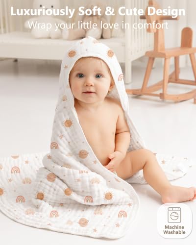 Image of Baby Bath Towels, 100% Muslin Cotton Hooded Baby Towels for Newborn, 2 Pack Baby Towels with Hood for Infant Toddler and Kids, Large 32x32Inch Bath Essentials, Soft and Absorbent Orange Rainbow