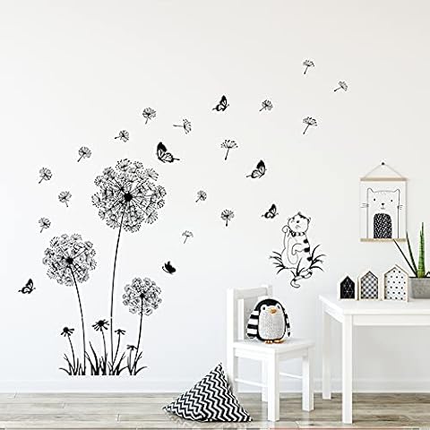 Löwenzahn Blume Schmetterling Wandtattoo, ZONITOK Fliegend Blumen Katze Wandaufkleber für kinderzimmer Mädchen Wohnzimmer Flur Schlafzimmer Cover