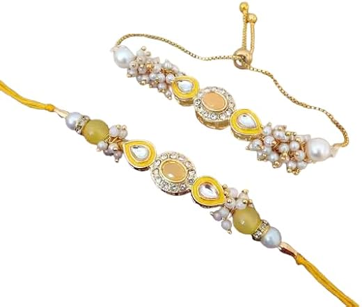 Kundan Rakhi for Brother &amp; Bhabhi Designer Pearl Bracelet with Yellow Meenakari, Ethnic Bhaiya Bhabhi Set, Rakshabandhan