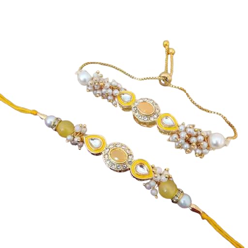 Kundan Rakhi for Brother & Bhabhi Designer Pearl Bracelet with Yellow Meenakari, Ethnic Bhaiya Bhabhi Set, Rakshabandhan - Review, Price and Buying Guide