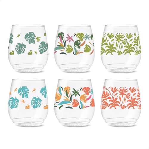 TOSSWARE POP 14oz Vino Tropical Abstract Series, SET OF 6, Premium Quality, Recyclable, Unbreakable & Crystal Clear Plastic Printed Glasses
