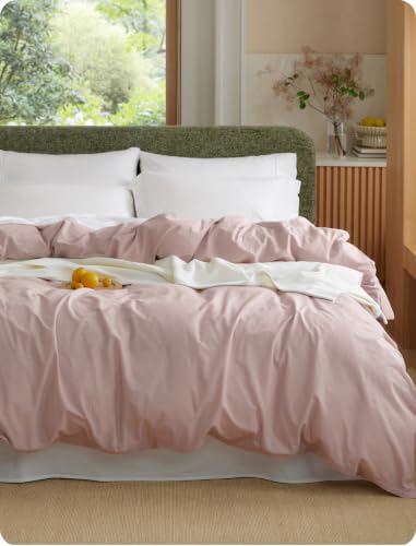 Image of Bedsure PureWoven 100% Washed Cotton Duvet Cover Only, Queen, Petal Pink | 1 Duvet Cover, No Pillow Shams, Linen Like Textured, Lightweight & Breathable for All Seasons, Zipper Closure, 8 Corner Ties