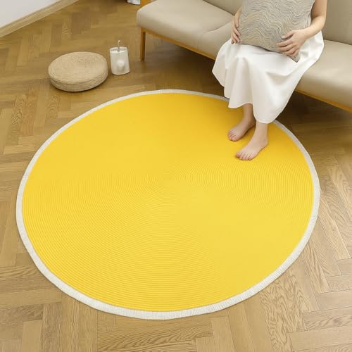 Image of Cotton Round Carpet 3x3 feet - Handmade Braided Boho Rug for Living Room, Bedroom & Balcony - Soft Washable Floor Mat, Color -Yellow