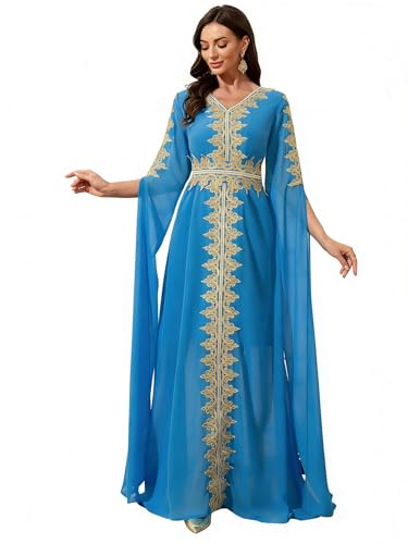Robe caftan Ramadan femme bleu broderie dorée mousseline robe Aïd