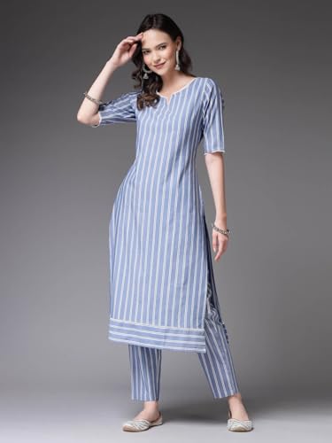 Image of Stylum Women's Woven Striped Cotton Blend Straight Kurta Pant Set (KPXHOORBLUE Blue)