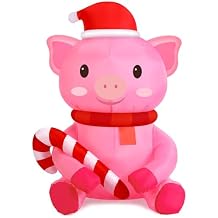Hollowfly 3.3ft Christmas Inflatable Pig Pig with Santa Hat & Candy Cane Christmas Inflatable LED Lighted Blown Outdoor Pig Decor for Indoor Outside Lawn Garden Patio Decor