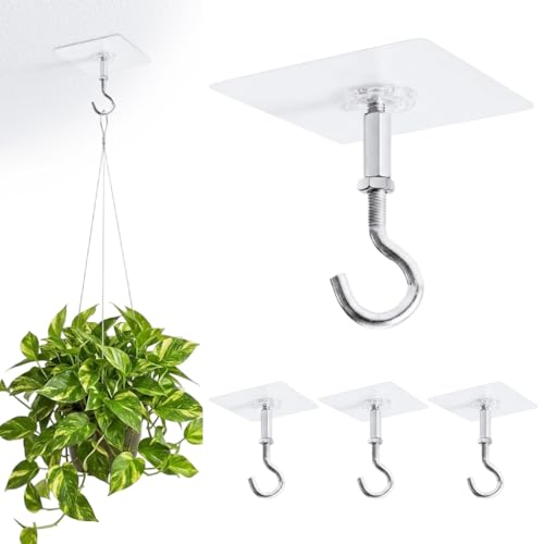 Image of HASTHIP 4Pcs Ceiling Hooks Adhesive Heavy Duty Stick On Ceiling Hangers with Large Adhesive Pads for Hanging Plants Pots, Lights Wind Chimes and Home Storage