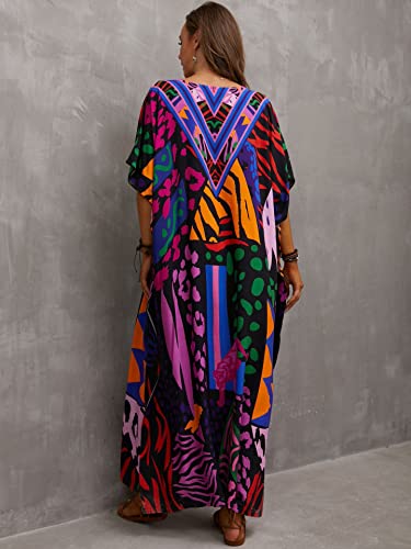 Image of sunforyou Kaftan Dresses for Women Plus Size Lightweight Swimsuit Cover up Batwing Sleeve Print Loungewear Beach Robe