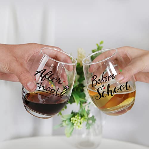 Before School After School Wine Glass, Teachers Gift Set For Women, 15 Oz Stemless Wine Glasses, Ideal Gift For Teacher Appreciation Day, Birthday, End Of Term, Christmas, Thanksgiving #TOP3
