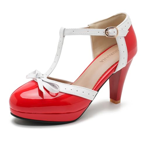 Womens T-Strap Mary Janes Platform Bow Heels Lolita Shoes Round Toe Ankle Strap Vintage 1950 Dress Shoes Oxfords Pumps Red US 8.5