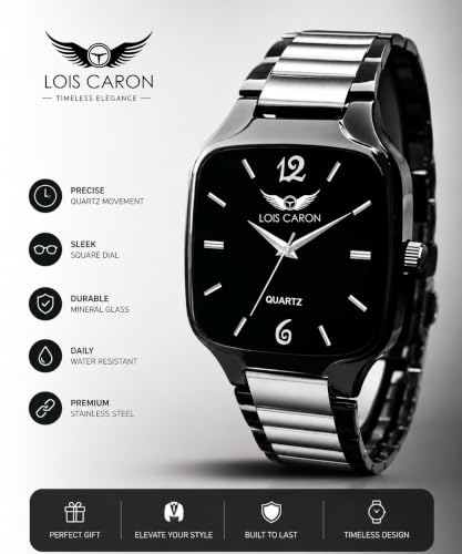 Image of LOIS CARON Black Two-Tone Square Analog Quartz Watch for Men /Boys Analog Wrist Watch Analog Watch - for Men LCS-8578
