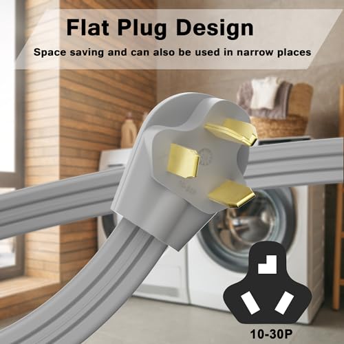 3 Prong Dryer Cord 4 FT, NEMA 10-30P to 3-Wire Appliance Cord, 30-Amp, 3 Wires with Eyelet Connectors, 10 Gauge Copper Wire, Grey Cable