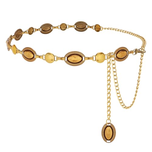 LEACOOLKEY Western Metal Chain Belt for Women Boho Decorated Waist Belt for Dresses Jeans Pants, Gold