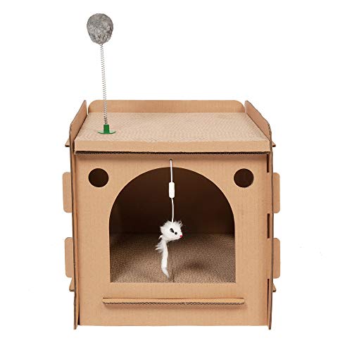 Image of Furhaven Pet Furniture for Cats and Kittens - Tiger Tough Modern Condo Corrugated Cat Scratcher Playhouse Hideout with Catnip, Cardboard (Brown), One Size