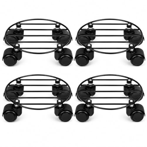 Image of Round Metal Plant Stand with Wheels (Pack of 4) | Heavy Duty Pot Trolley for Home, Balcony & Garden | Black