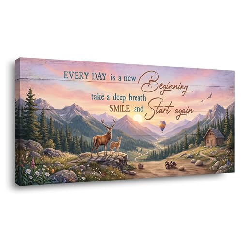 TEKMENT Brown Rustic Quotes Wall Art for Bedroom Canvas Painting Prints Beautiful Every Day is a New Beginning Motivating Inspiring Words Inspiration Art Deco Retro Artwork Office Farmhouse Decor