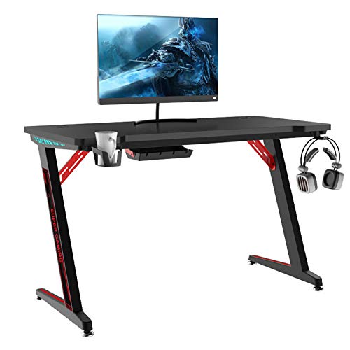 Soontrans Escritorio Ergonomico Mesa Gaming con LED RGB Grand Madera Mesa Escritorio con Portavasos y Gancho para Auriculares 120 x 60 x 73 cm