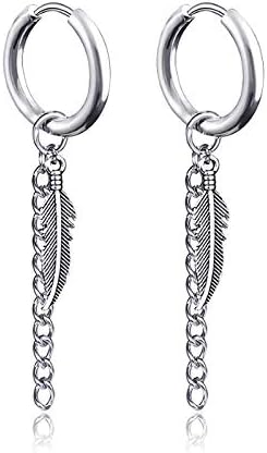 JZZJ Feather Punk Hoop Earrings Stainless Steel Leaf Huggie Stud Earrings Hinged Unisex Piercing Jewelry 1 PAIR,Long Chain Dangle EarringsFeather Silver 1 Pair